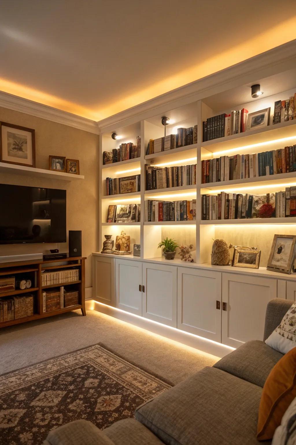 LED strip lighting adds depth under shelves.