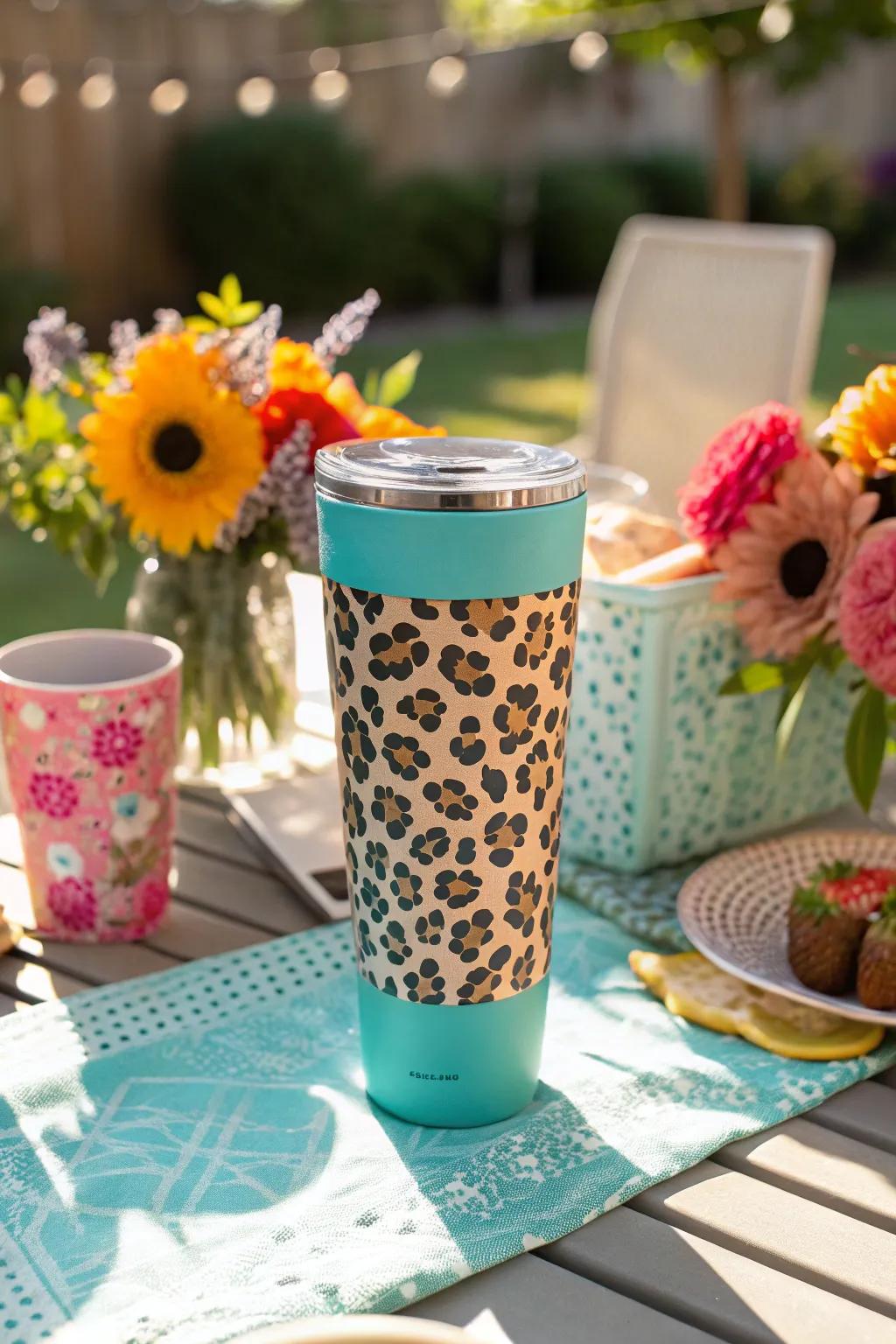 A vibrant turquoise leopard print tumbler perfect for sunny days.