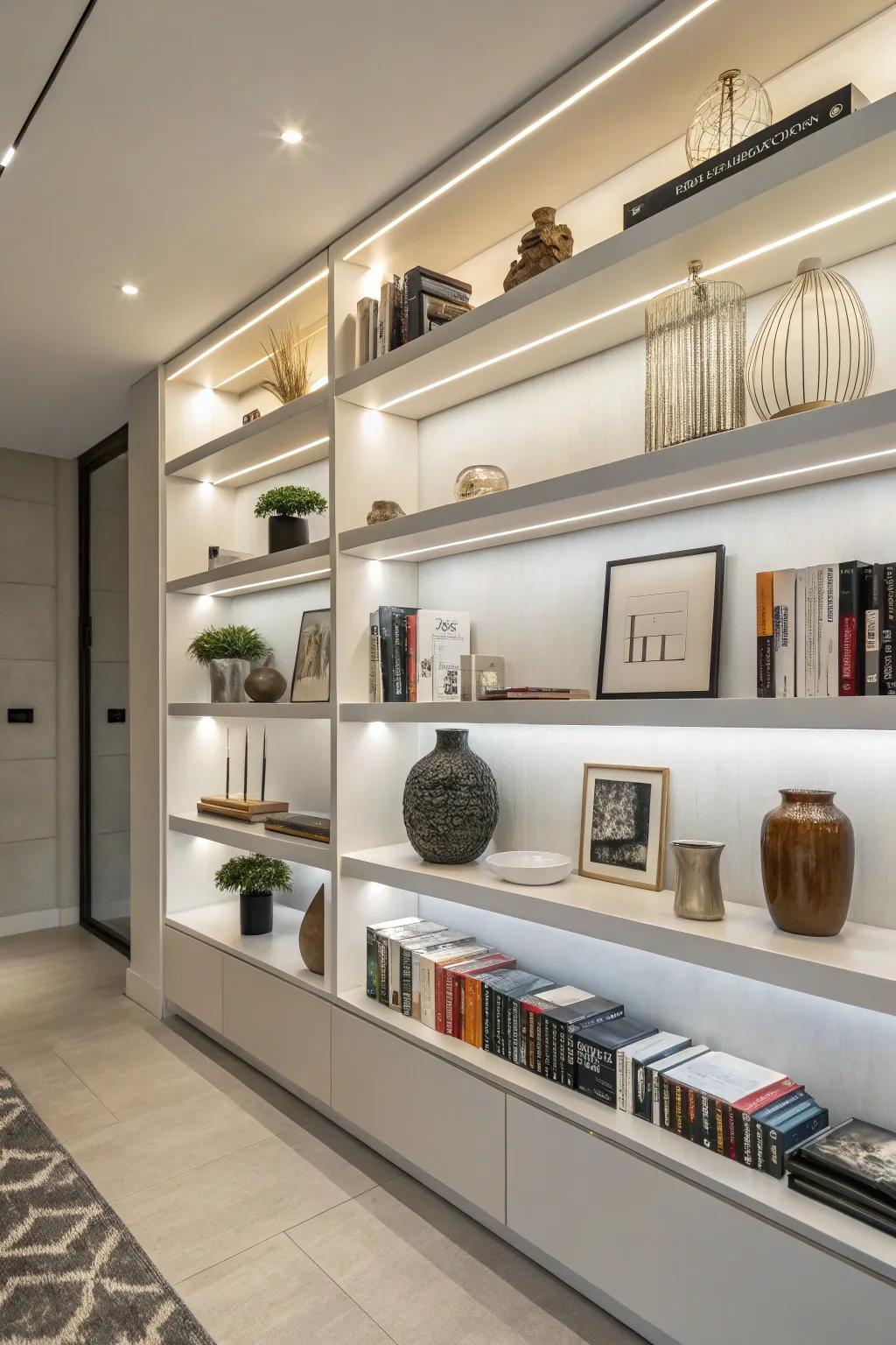 Contemporary open shelves blending books with decorative pieces.