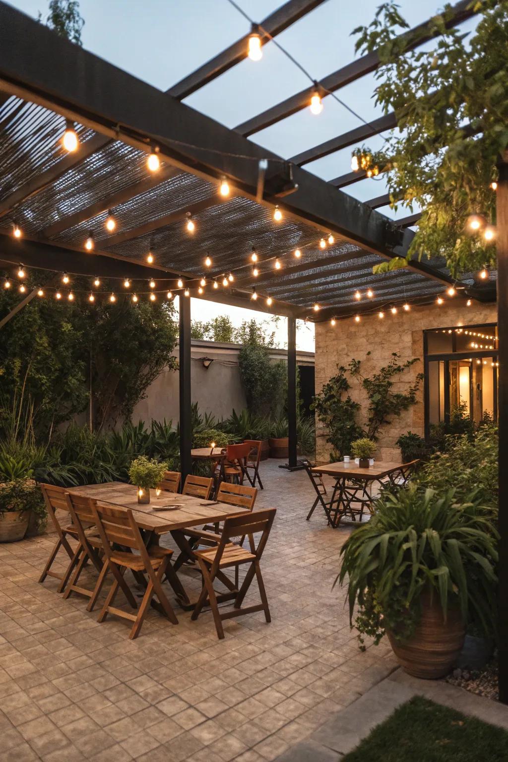 A patio enhanced by string lights for perfect evening gatherings.