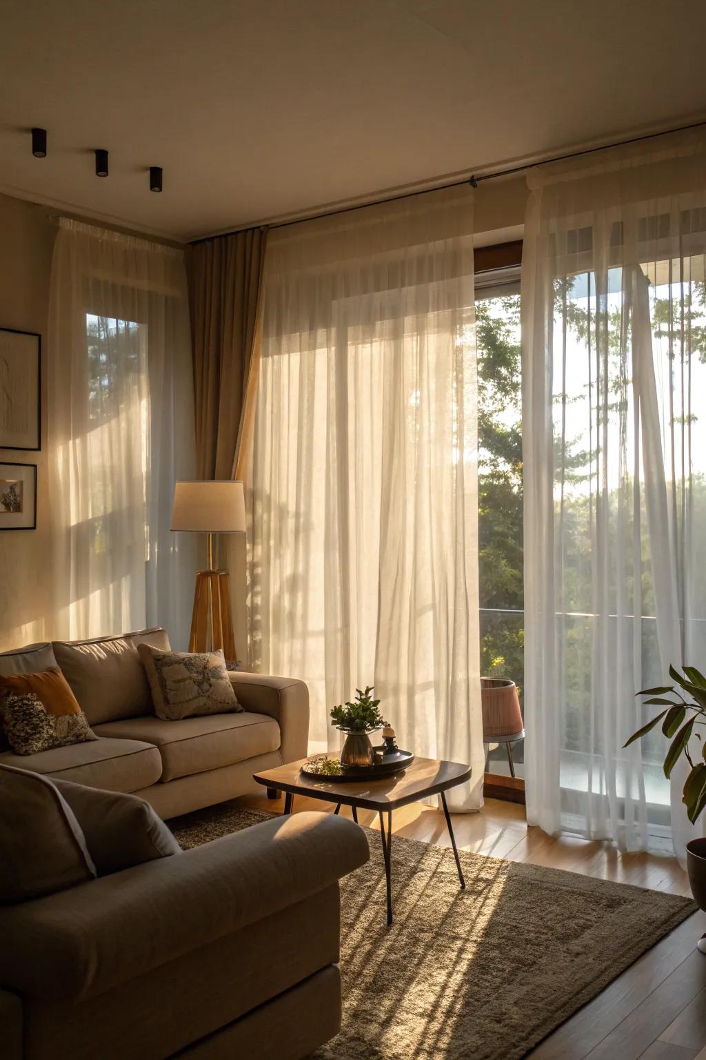 Sheer curtains let in natural light, perfect for a cozy and inviting living space.