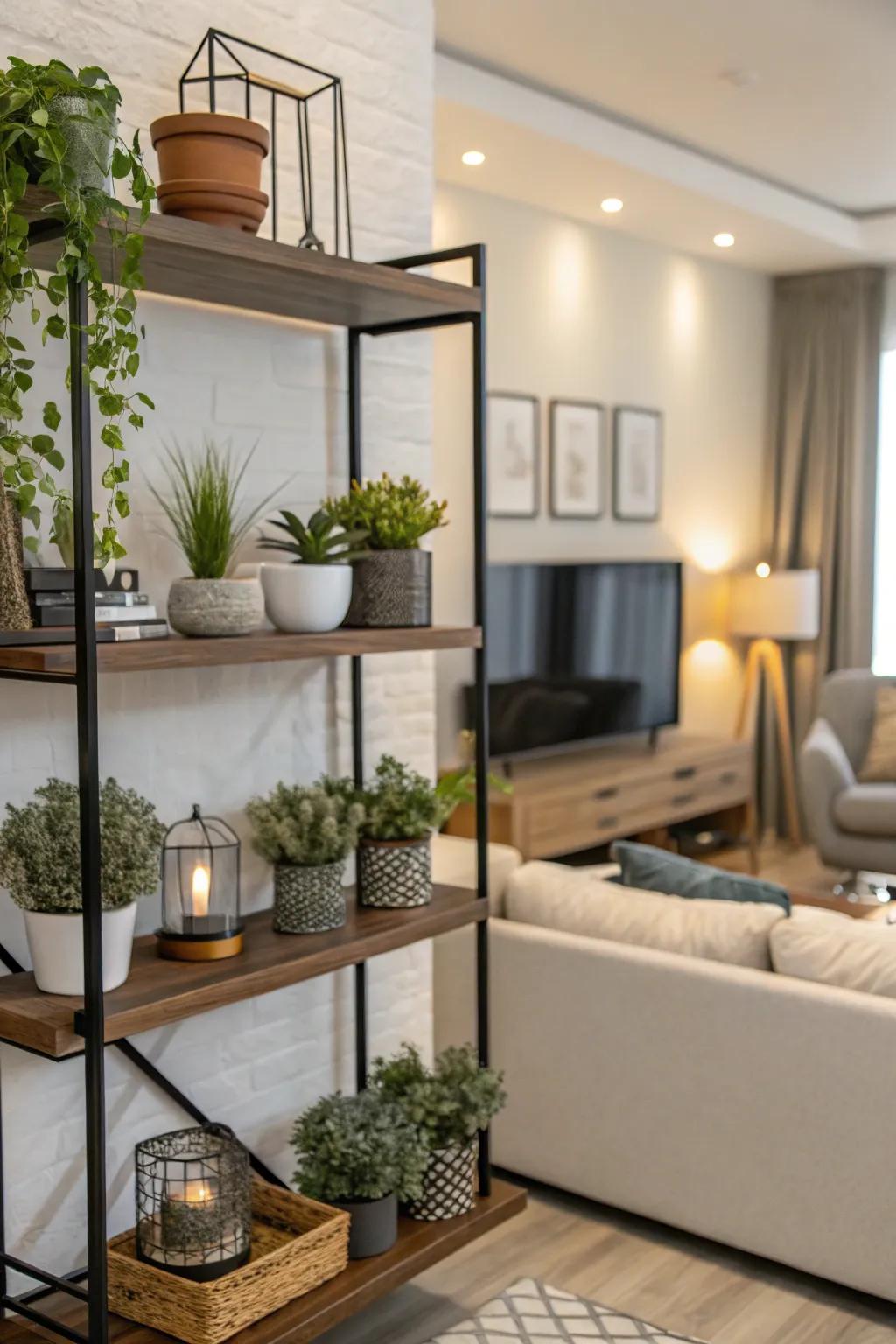 A floating shelf displaying a variety of small plants.