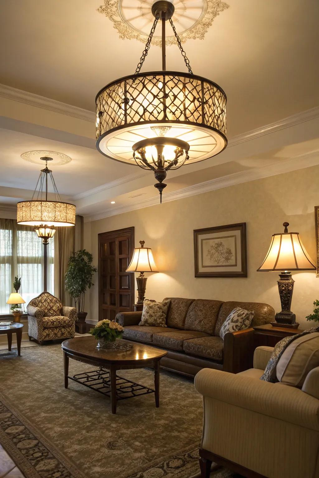 Layered lighting enhances the depth and mood of this living room.