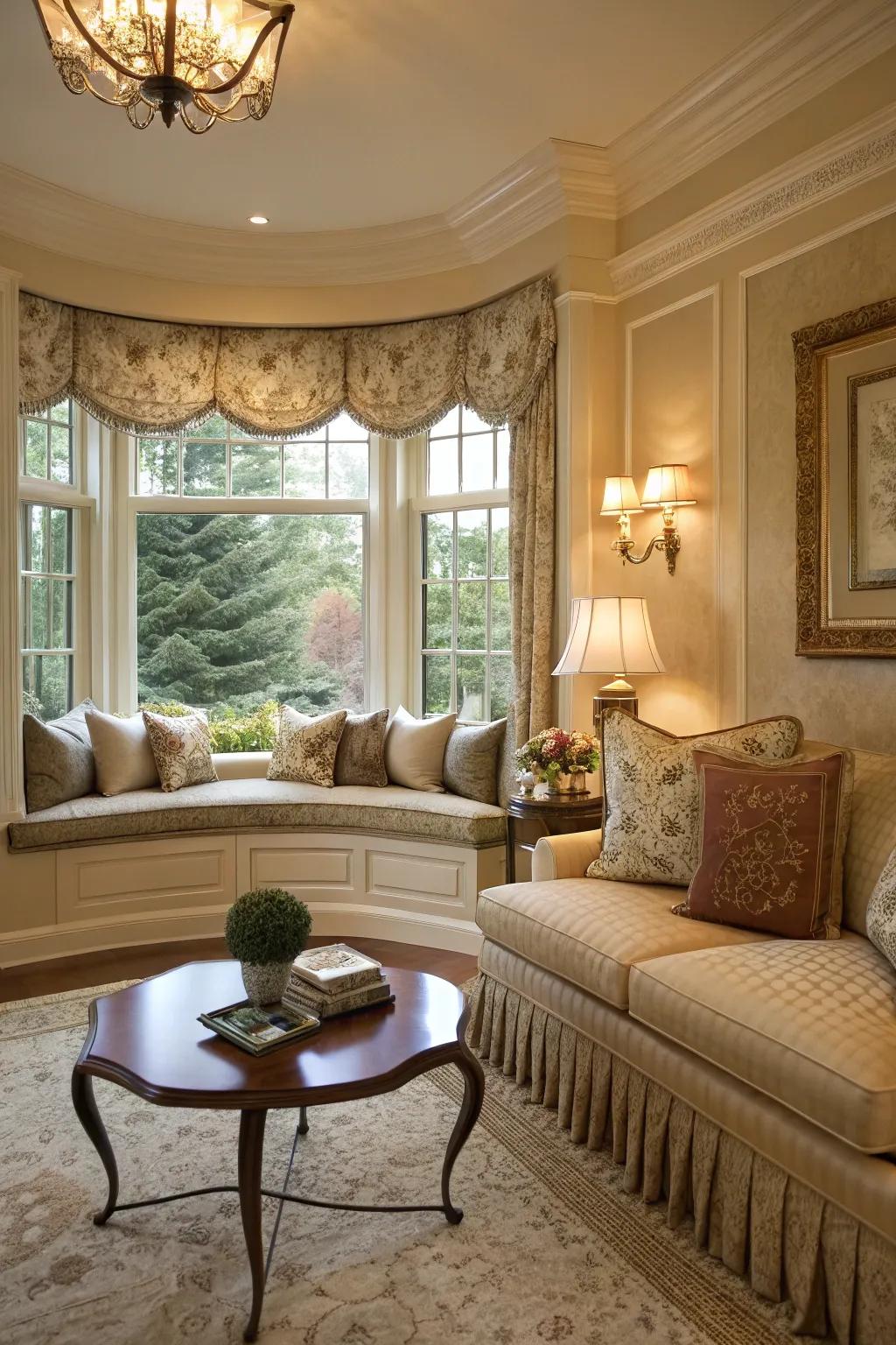 A cozy nook created by a bay window in a stylish living room.