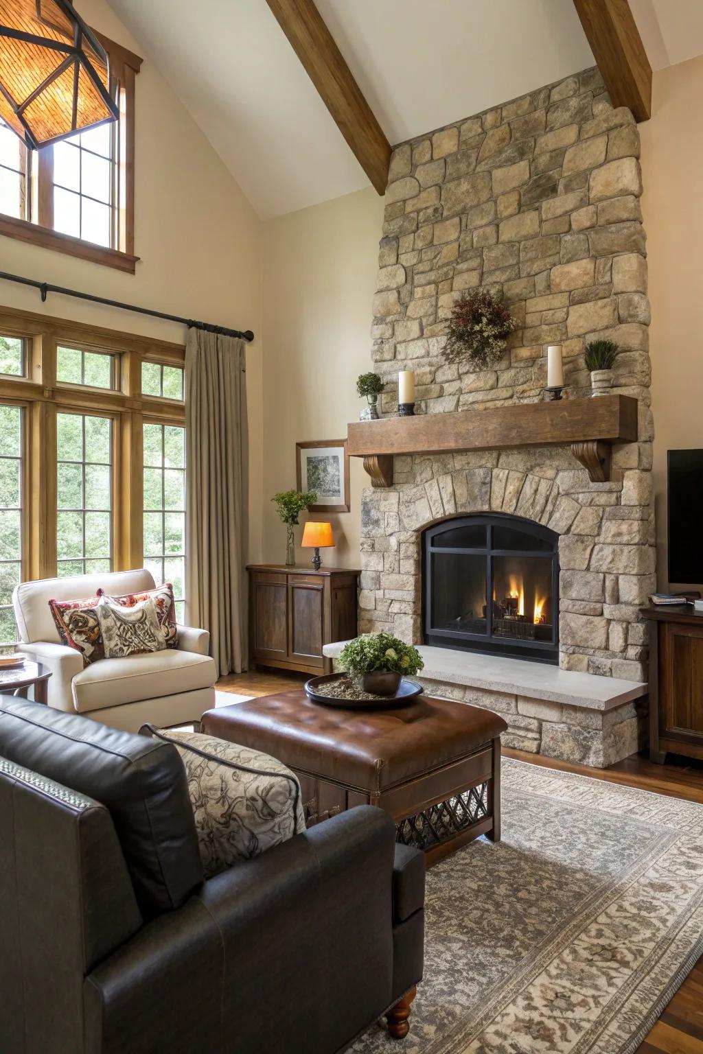 A living room showcasing a mix of modern furniture and a rustic stone fireplace.