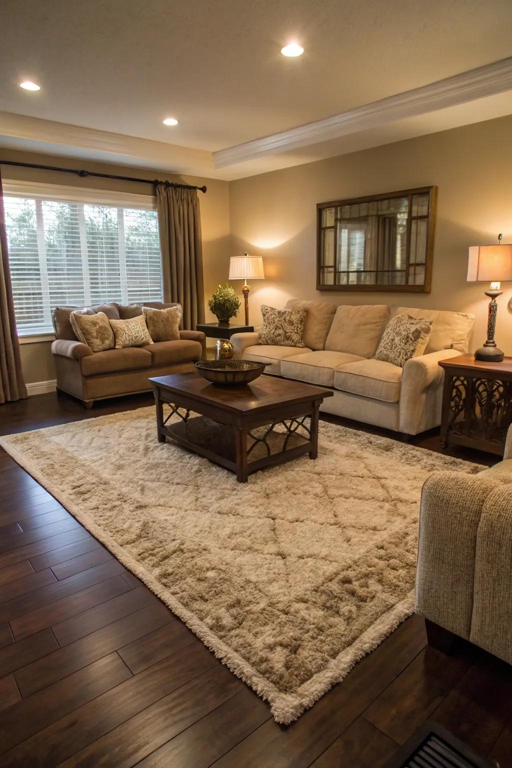 Area rugs add warmth and texture to dark wood floors.