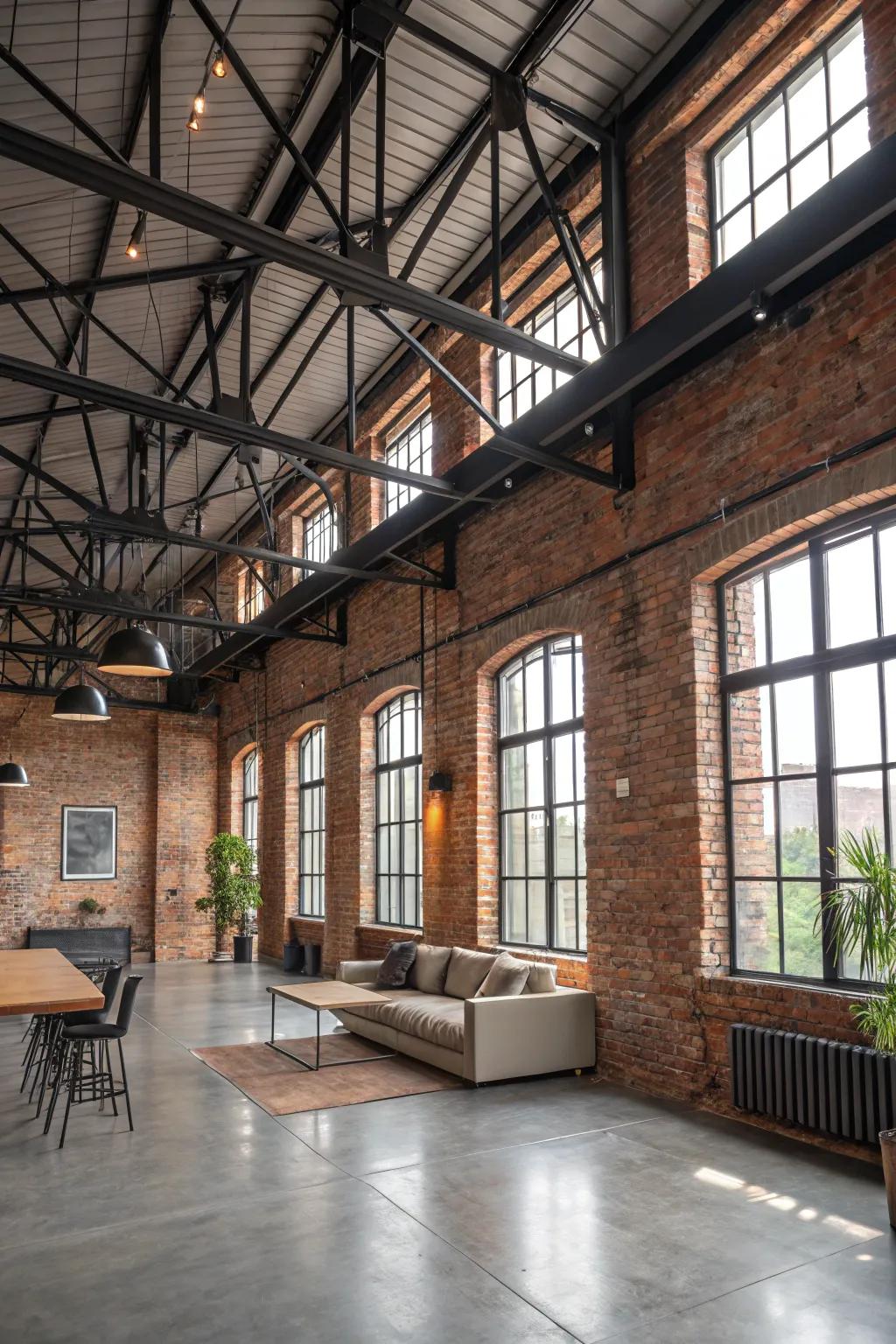 Industrial charm with exposed brick and metal beams.