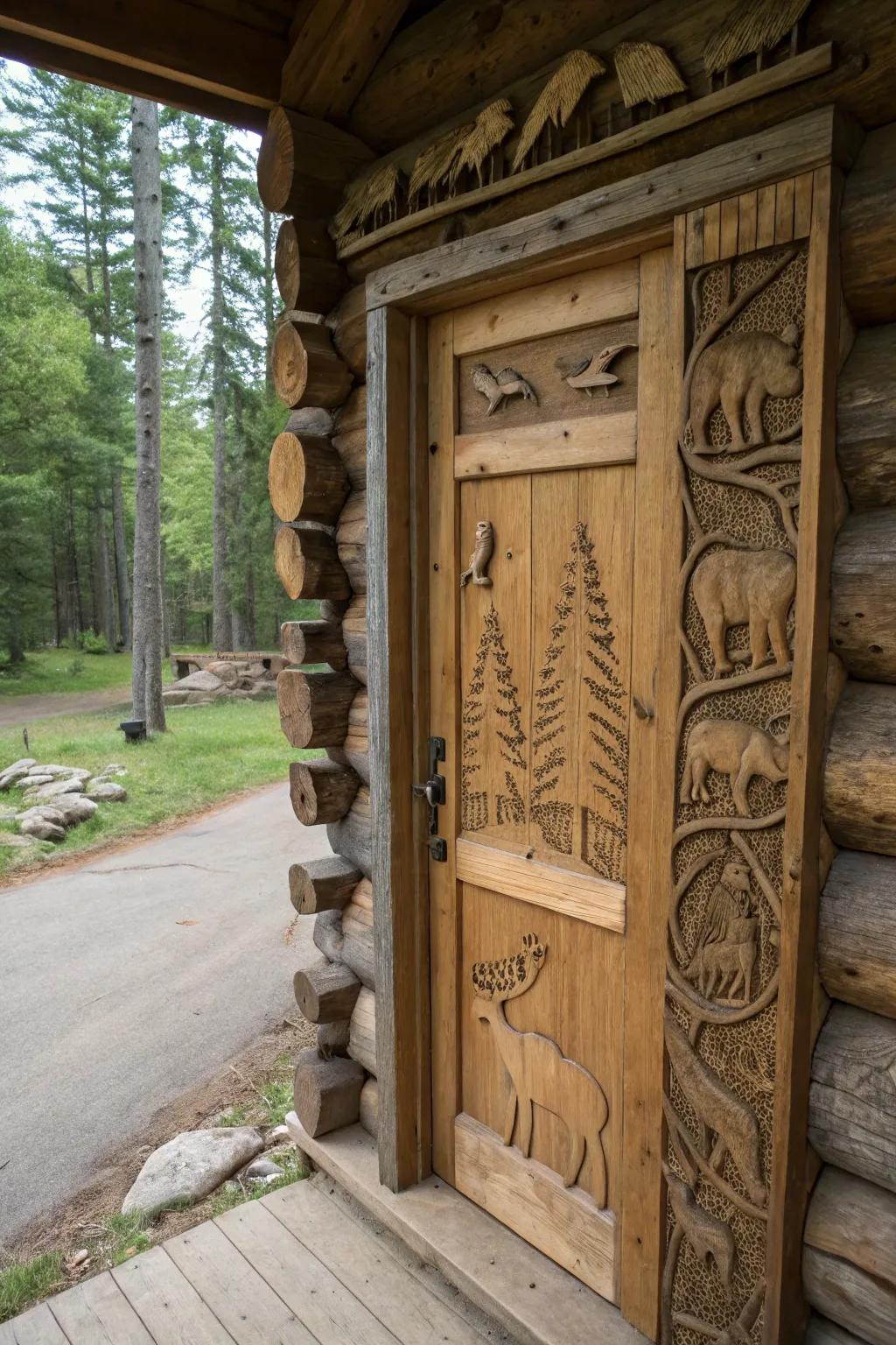 A log cabin door featuring detailed carvings of wildlife.