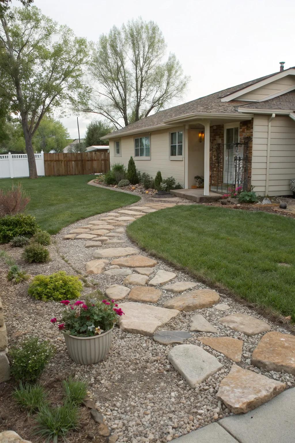 A gravel landscape offering a sleek and low-maintenance alternative to grass.