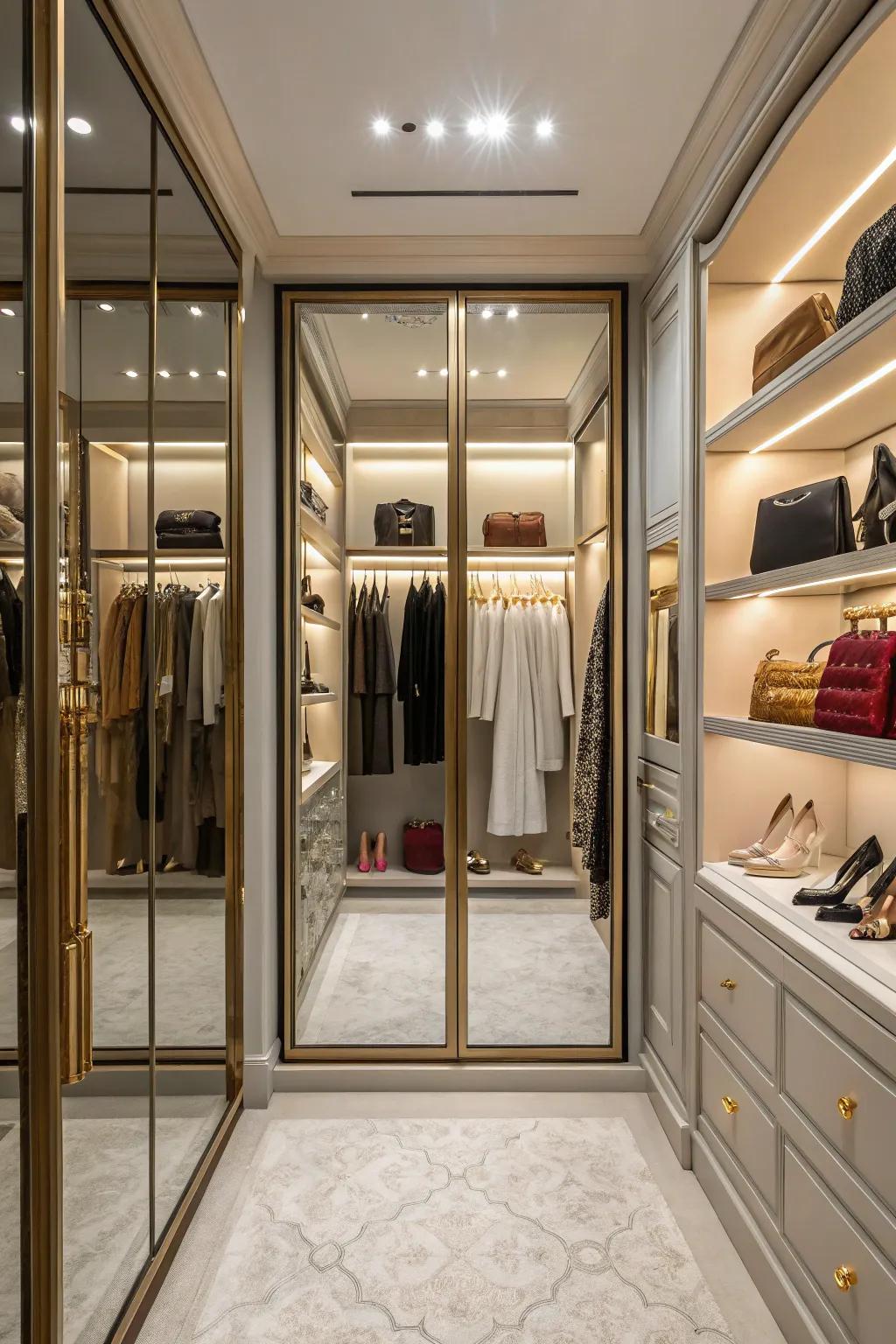 Mirrored doors reflecting an elegant display of clothing.