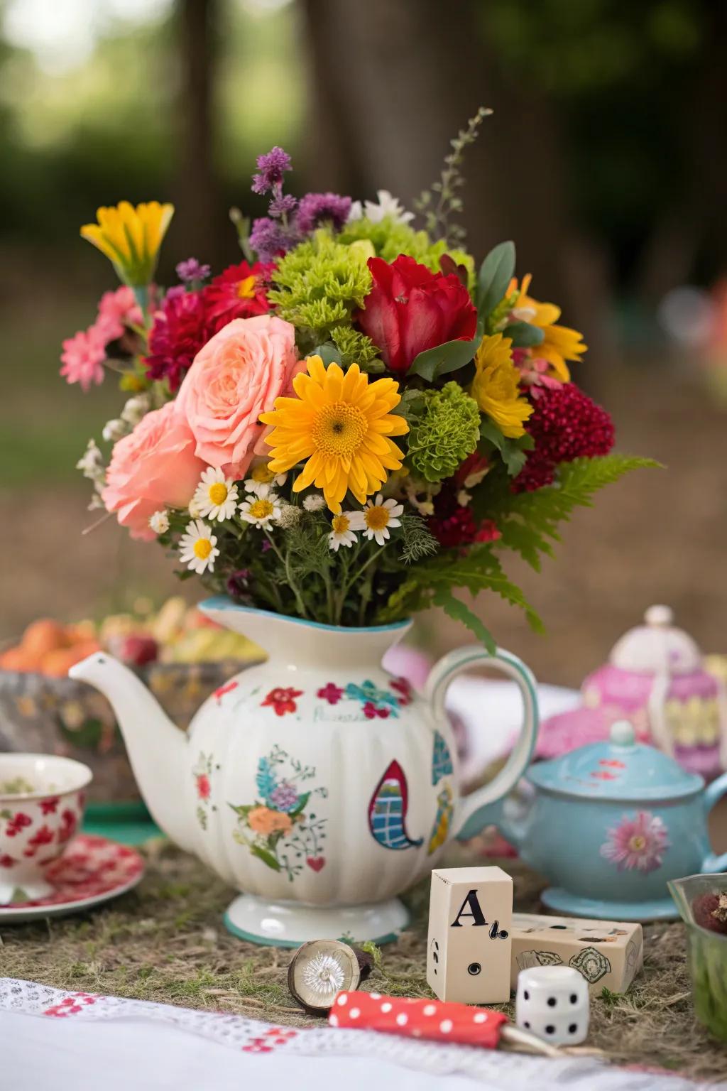 A whimsical teapot centerpiece overflowing with colorful flowers and quirky details.