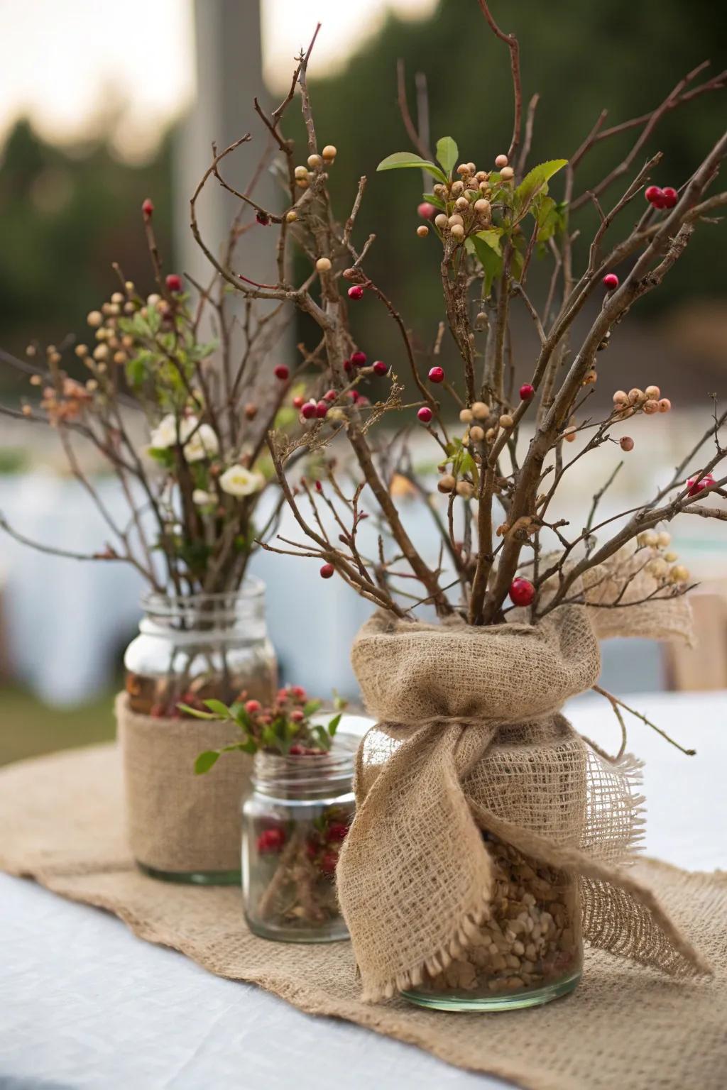Natural manzanita branches paired with burlap for a rustic centerpiece.