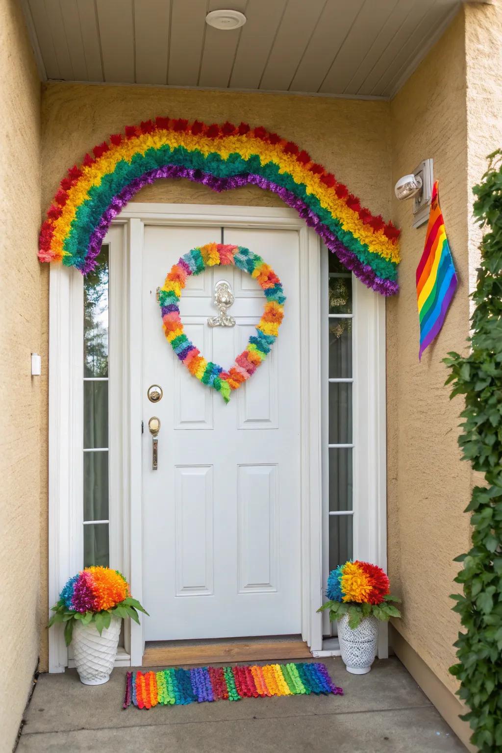 A rainbow garland adds color and joy to your entryway.