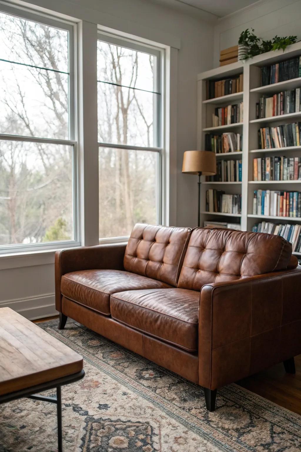 A rich brown leather sofa adds timeless elegance to the den.