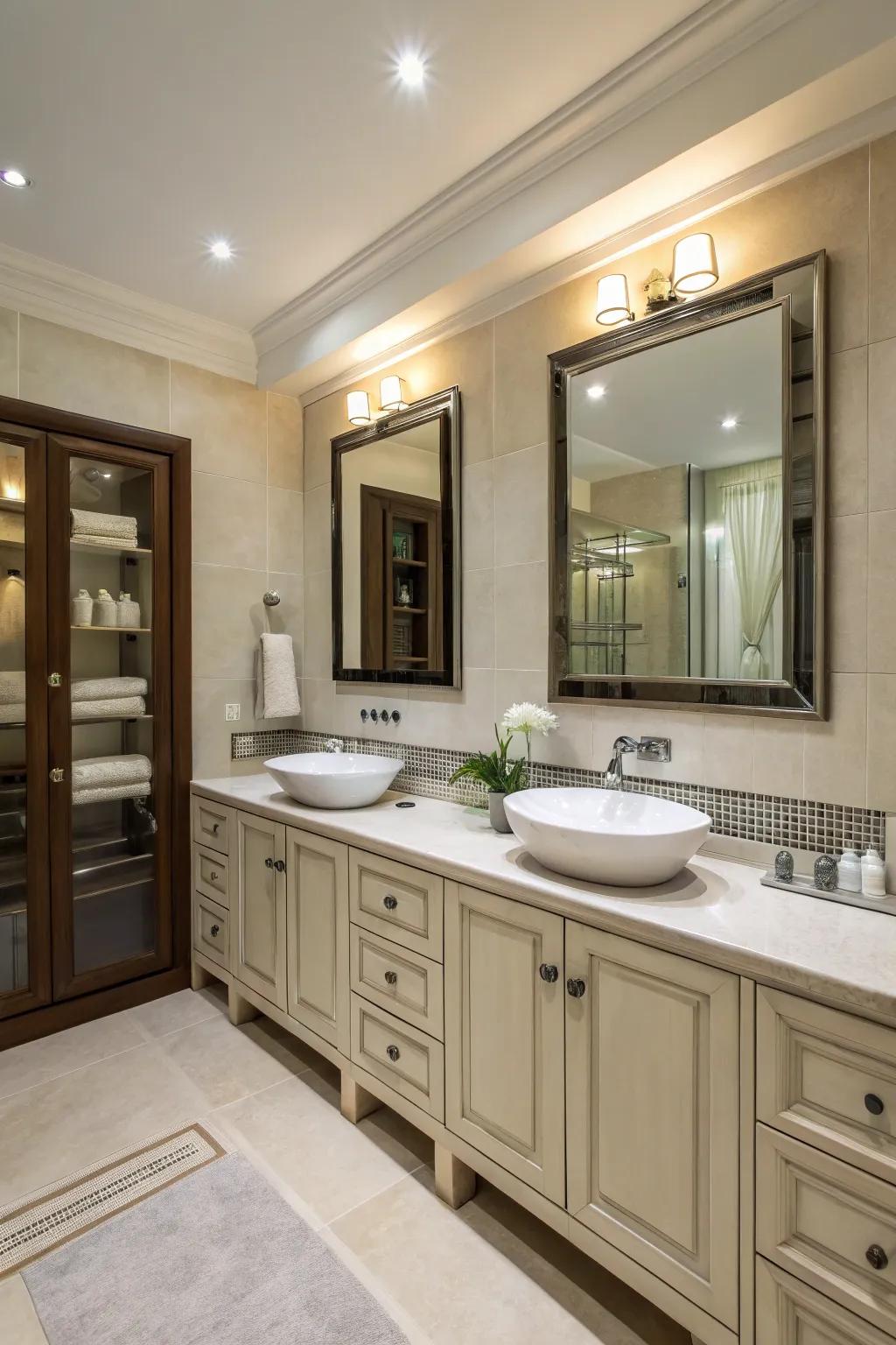 An elegant bathroom showcasing dual sinks and ample storage space.