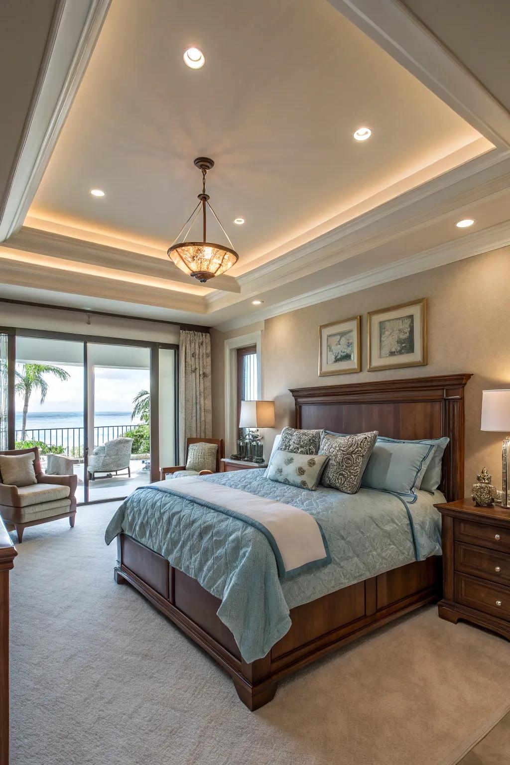 Illuminate your tray ceiling with recessed lights for a warm and inviting atmosphere.