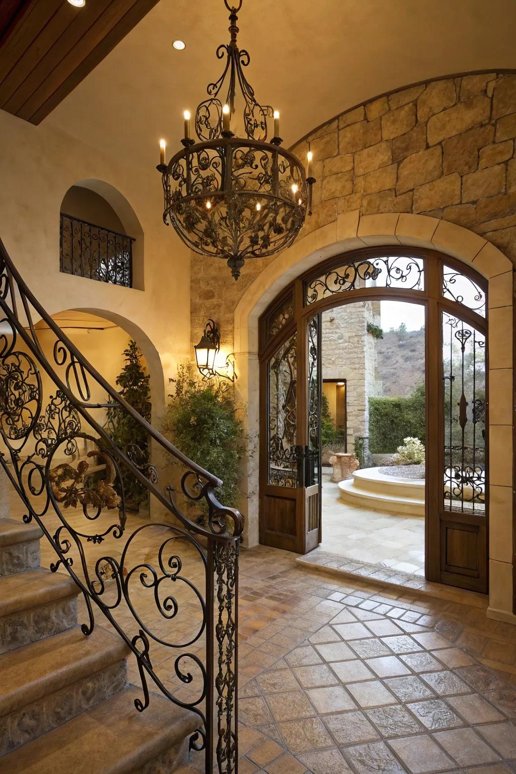 Wrought iron accents lend an authentic Mediterranean touch with their intricate designs.