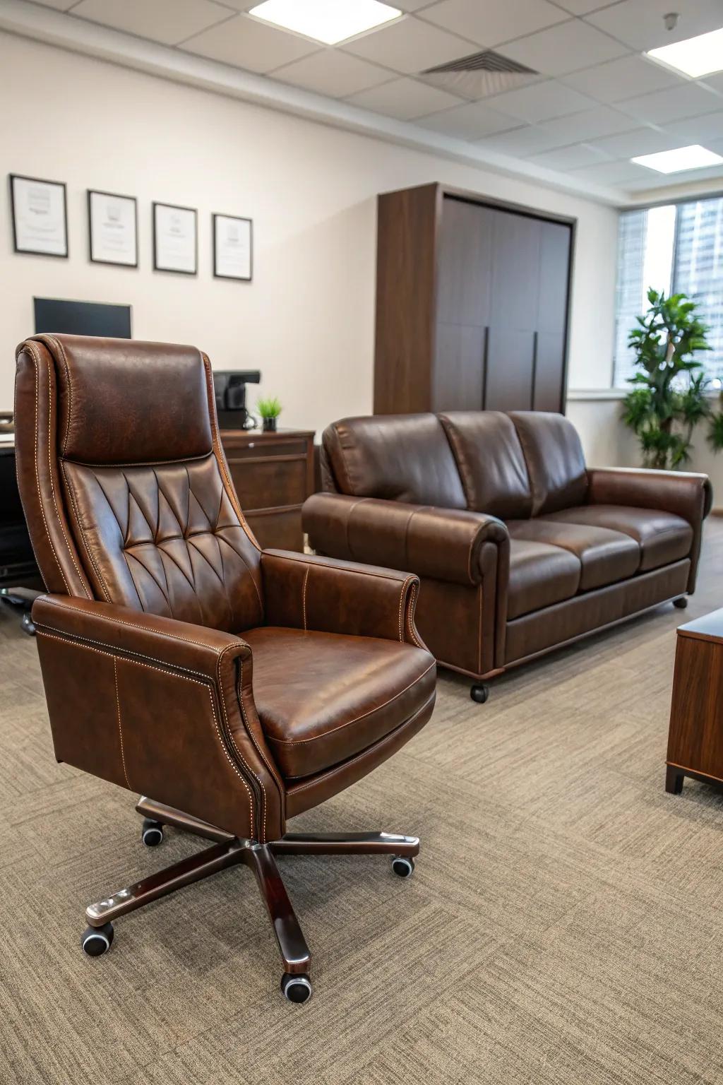 Leather furniture brings a touch of luxury and comfort to your workspace.