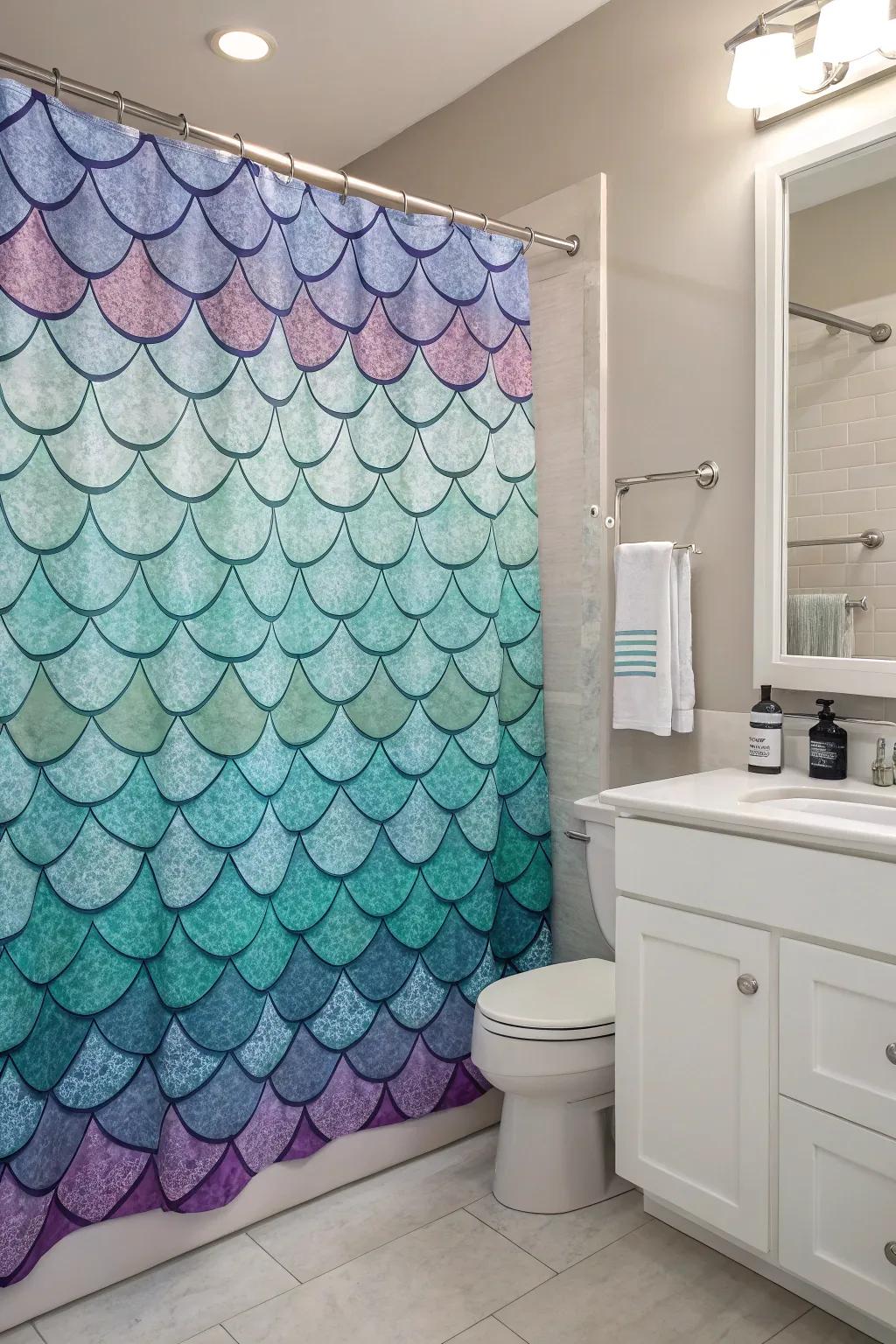 An enchanting shower curtain with mermaid scales adds a magical touch.