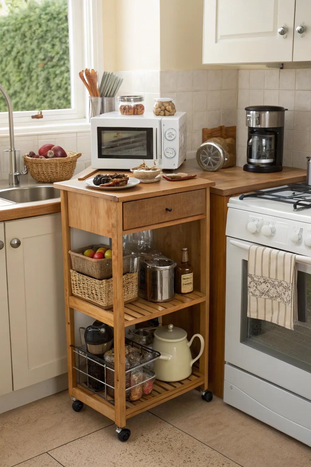 Maximize your space with a corner microwave cart.