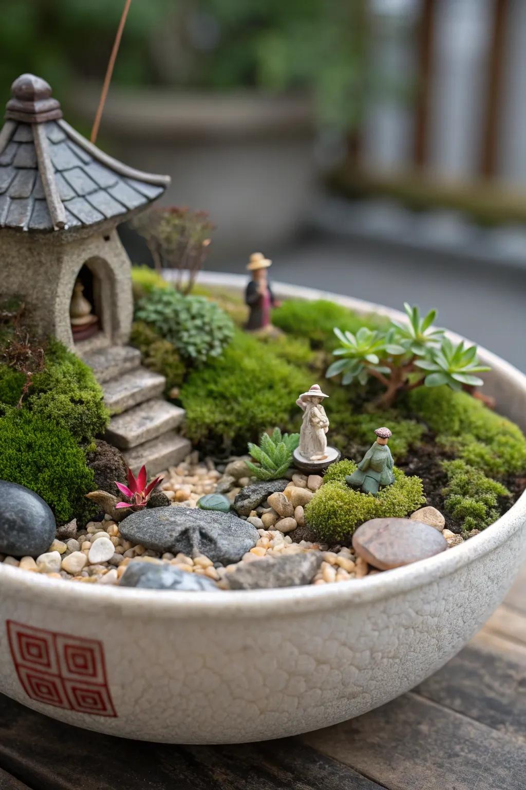 A whimsical miniature landscape set in a shallow bowl.