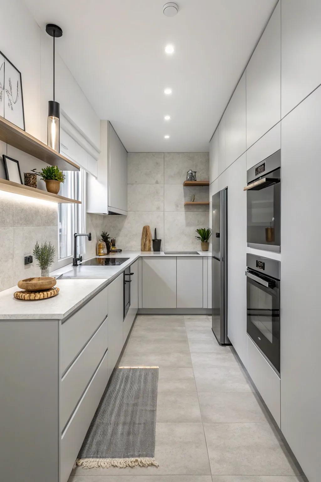 A soothing minimalist kitchen featuring a neutral color palette.