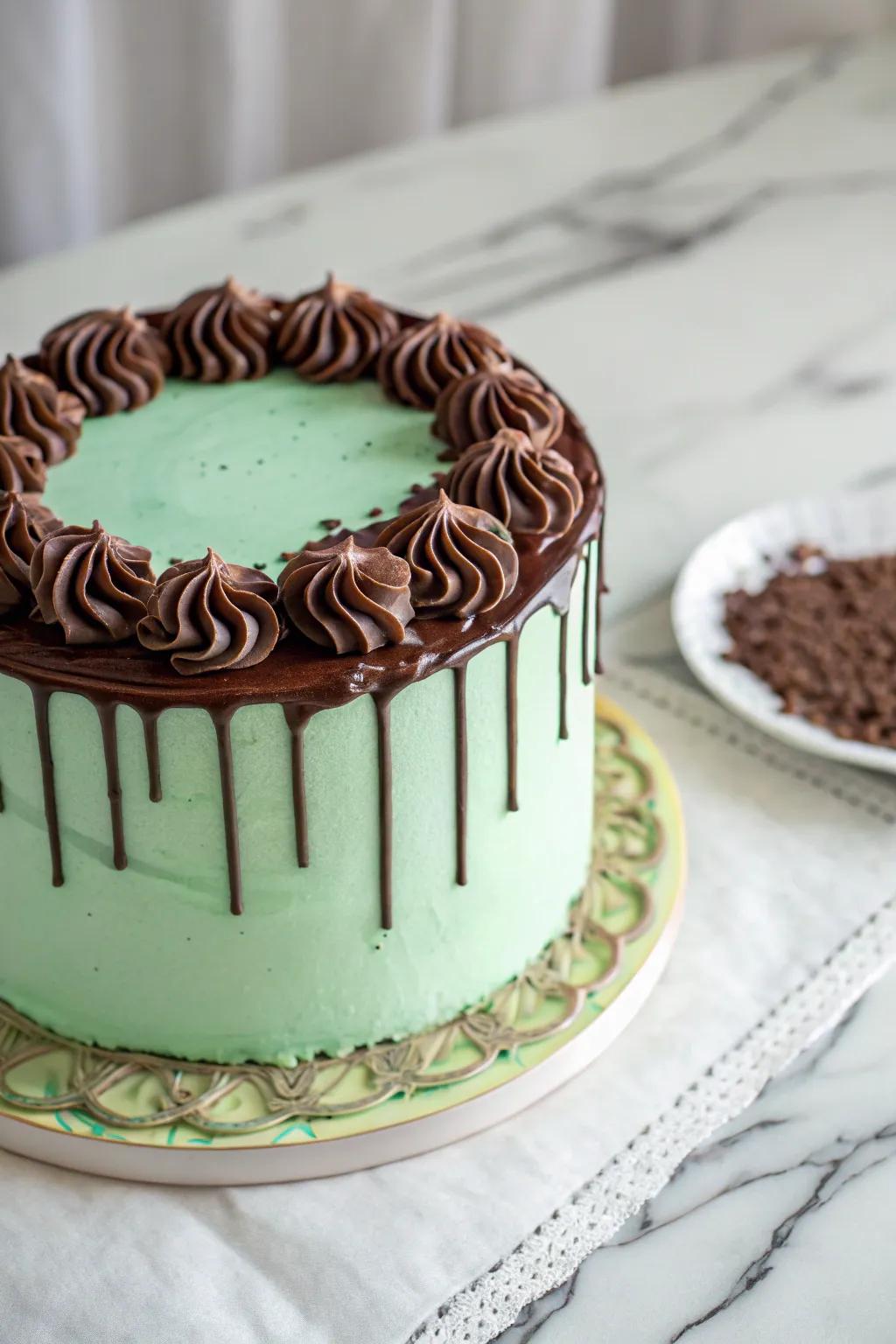 A mint green cake with a stylish chocolate drip design.