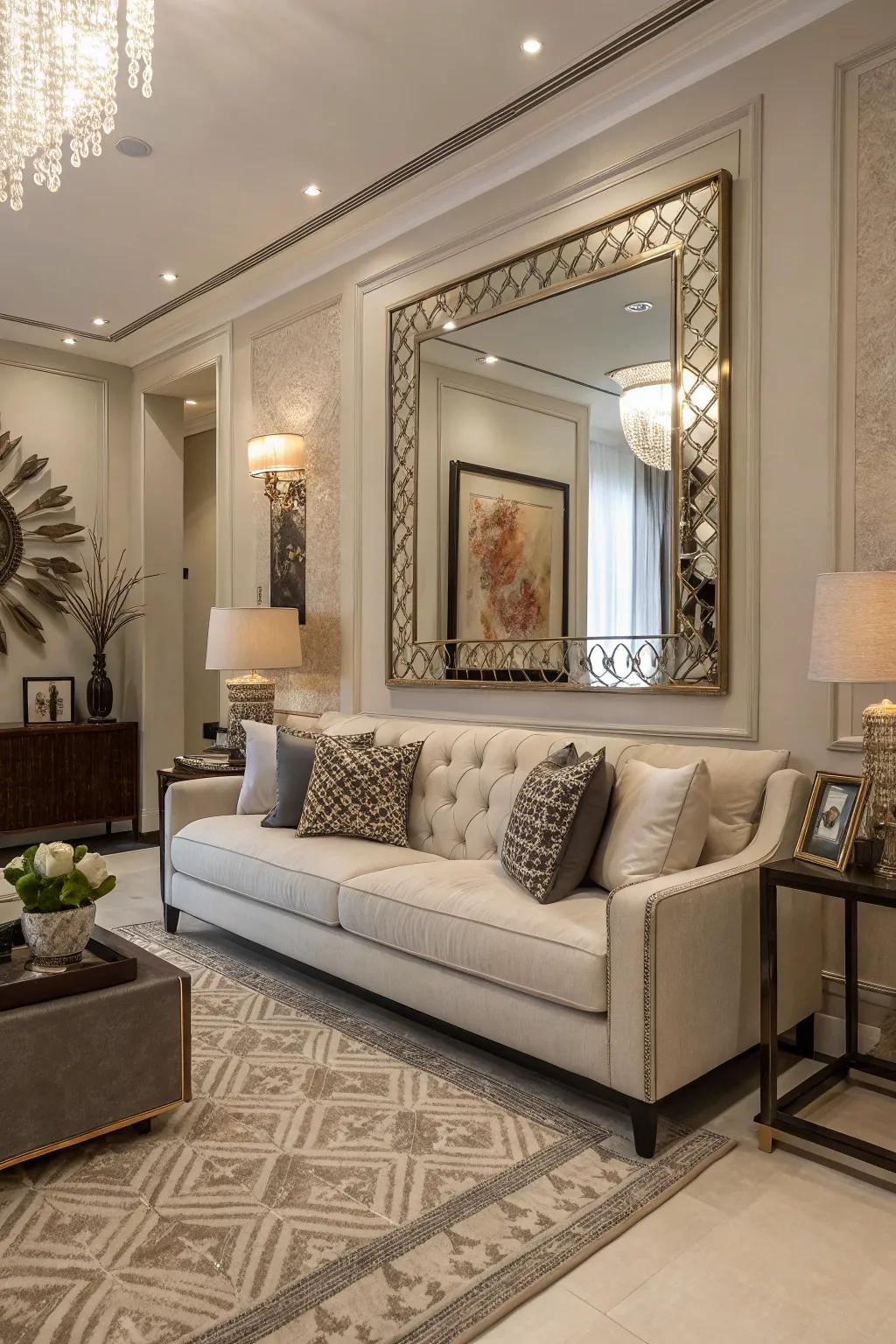 Elevate your space with a mirror above the sofa.