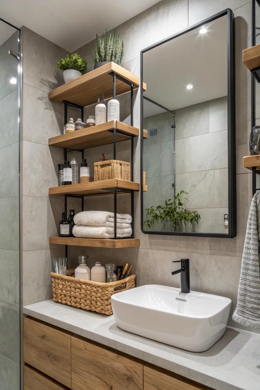 Sleek floating shelves in a bathroom, adding style and practicality.