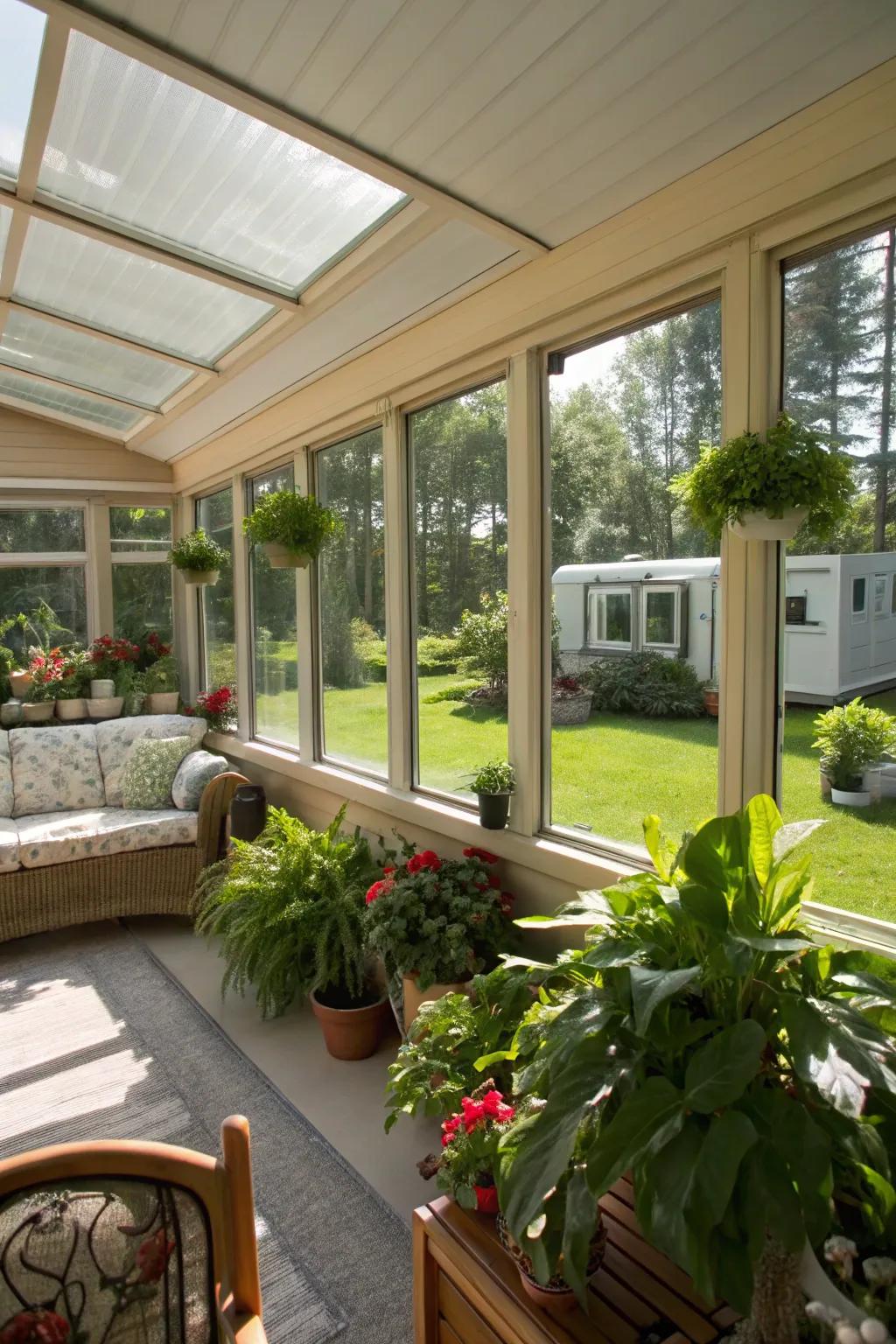 A sunroom filled with natural light and greenery, offering a tranquil extension to the mobile home.