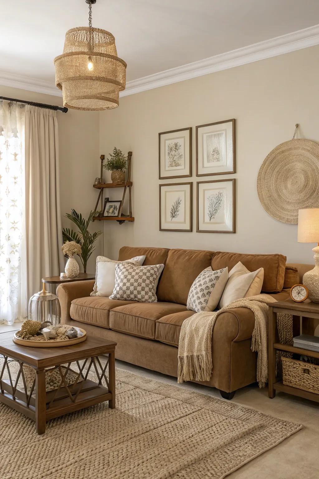 Neutral tones complement the rich mocha hue for a serene setting.