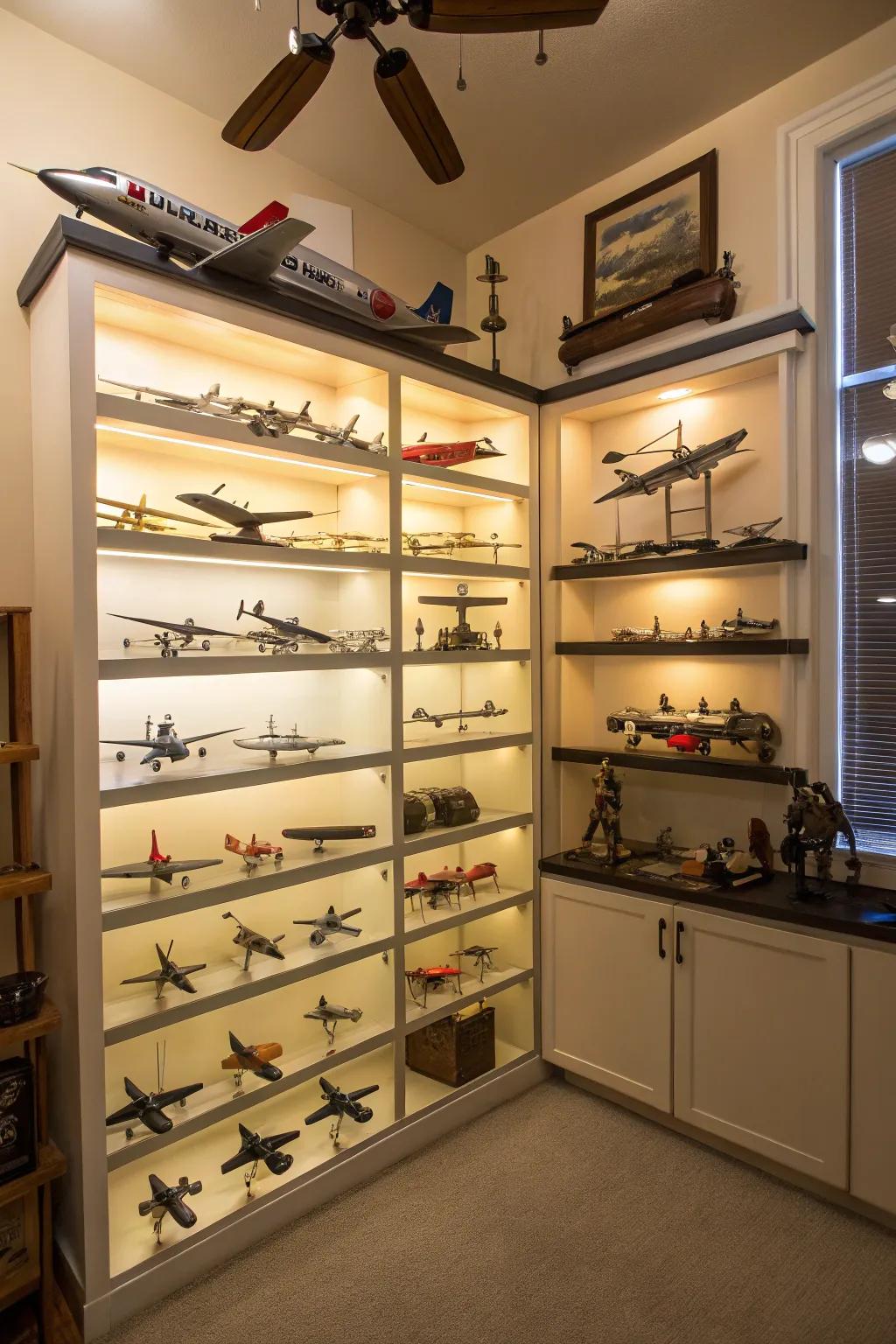 Multi-tiered shelves offer a dynamic way to display your model airplanes.