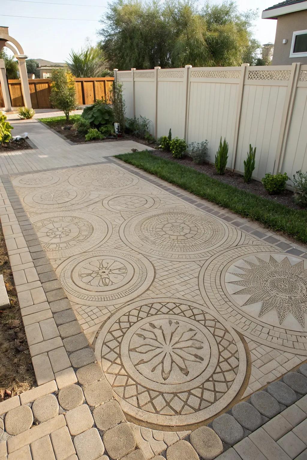 A paver paradise with intricate designs in a grass-free backyard.