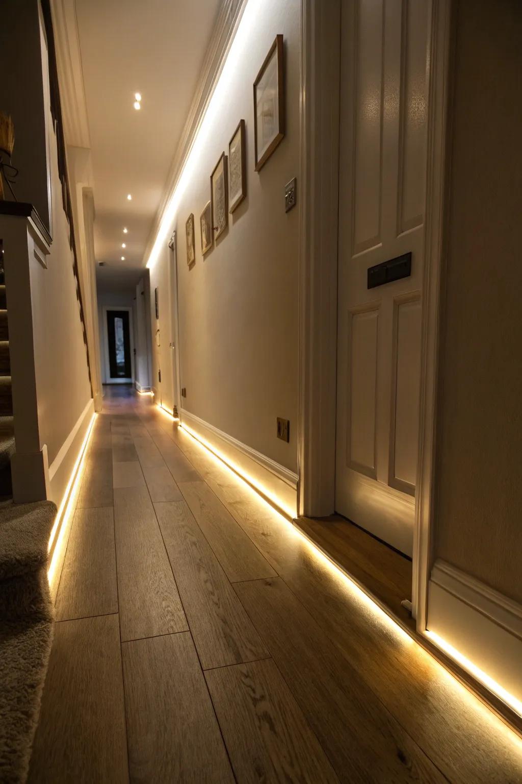 Baseboards with integrated LED lighting creating a warm ambiance.