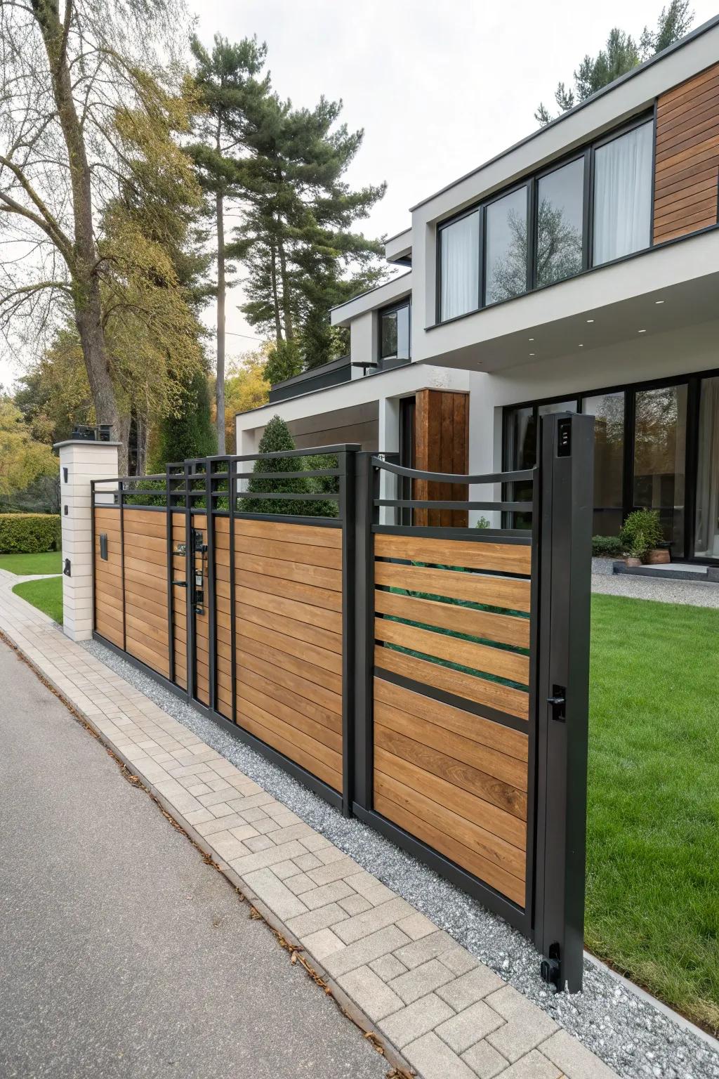 Mixed materials like wood and metal create a striking modern gate.