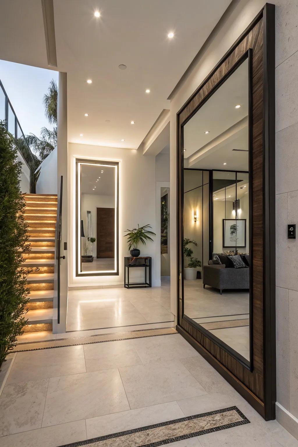 A large mirror enhances the space and adds elegance to a modern entryway.