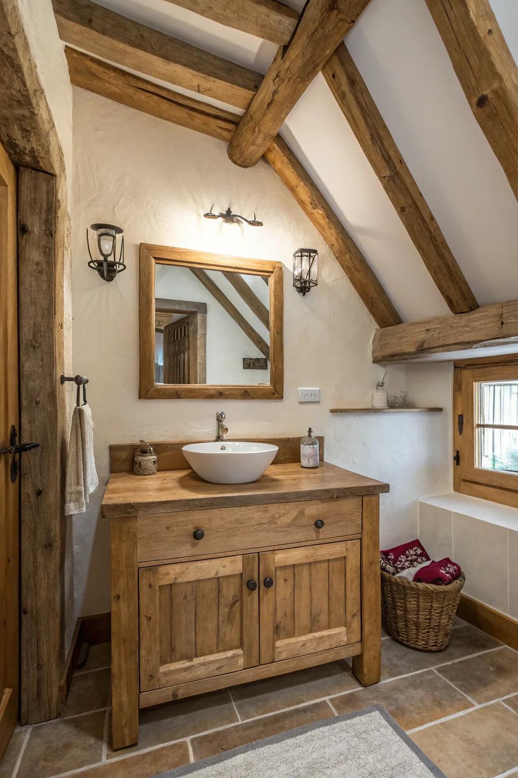 Rustic wood elements bring warmth and texture to the bathroom.