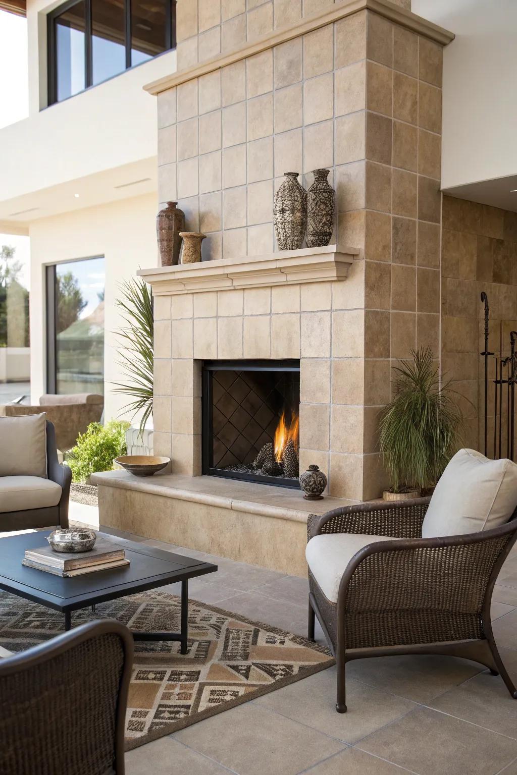 Fireplace with neutral tone tiles in a modern setting.