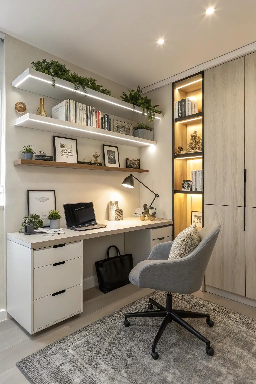 A functional workspace seamlessly integrated into a flex room.