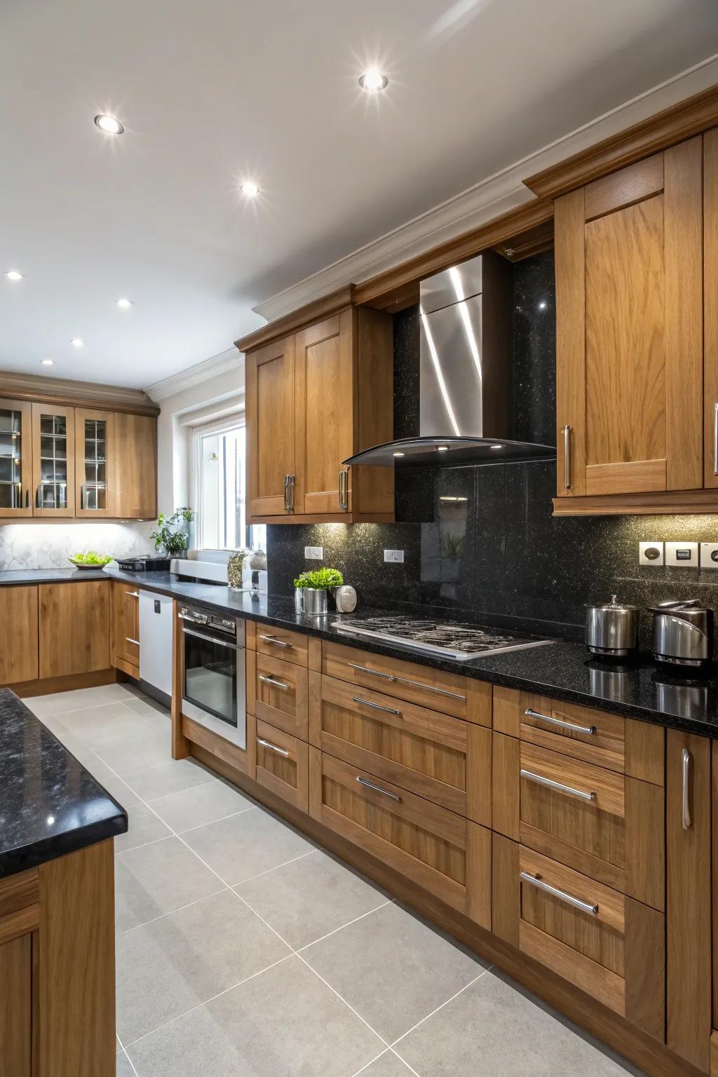 Dark countertops complement the warm tones of oak cabinets beautifully.