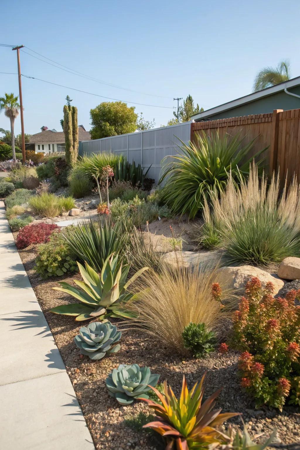 A front yard with a variety of drought-tolerant plants, providing texture and easy maintenance.