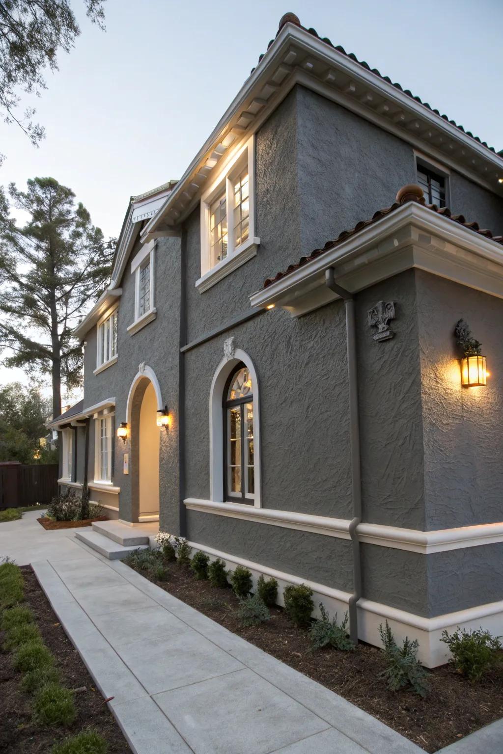 Slate gray stucco house with accentuating trims.