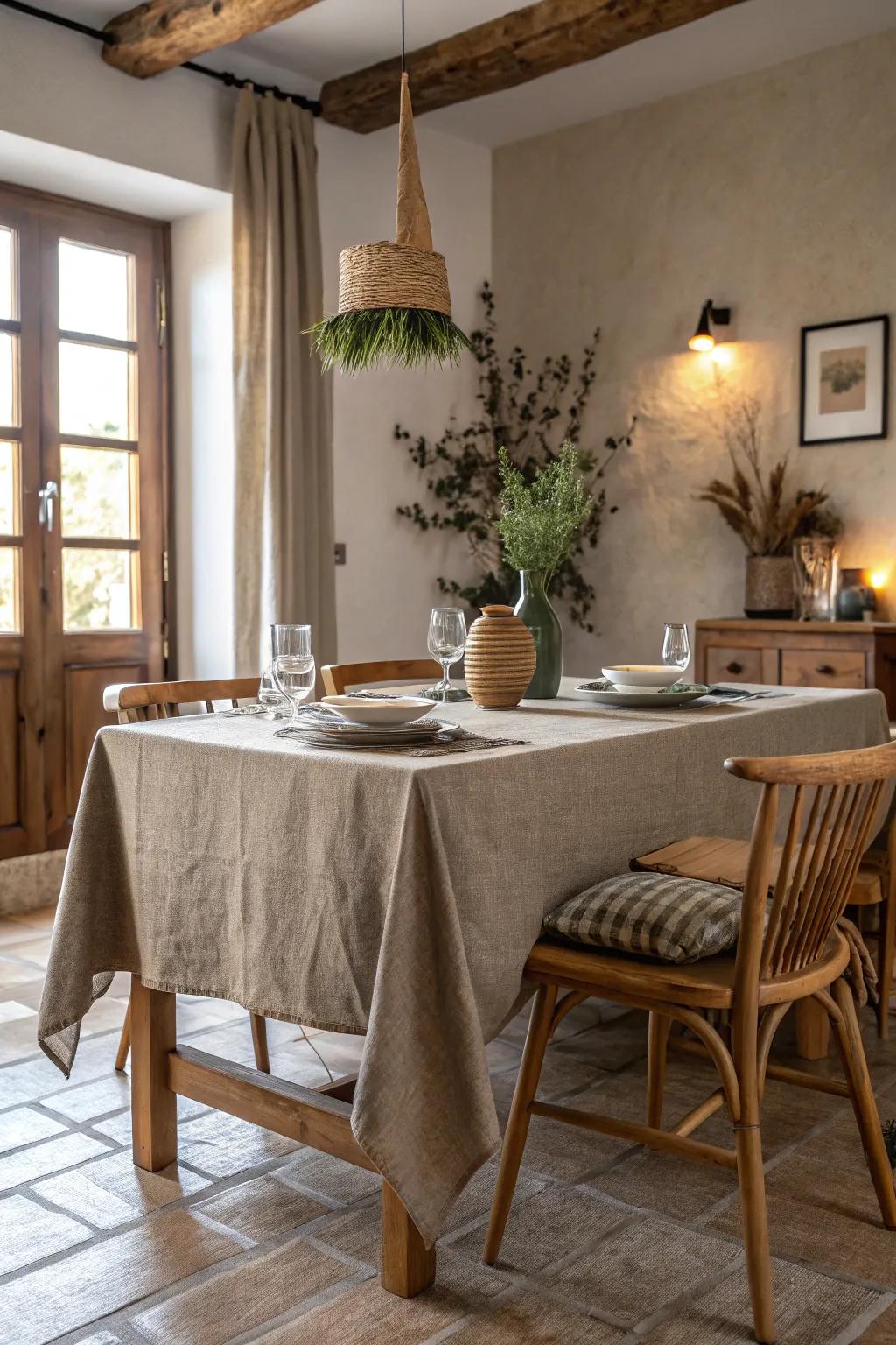 Muted earth tones create a serene atmosphere in the dining room.