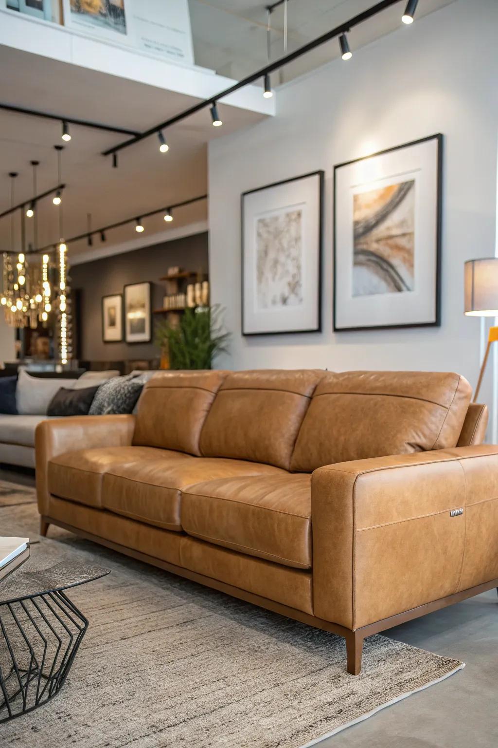 Modern art adds vibrancy to a living room with a tan leather sofa.