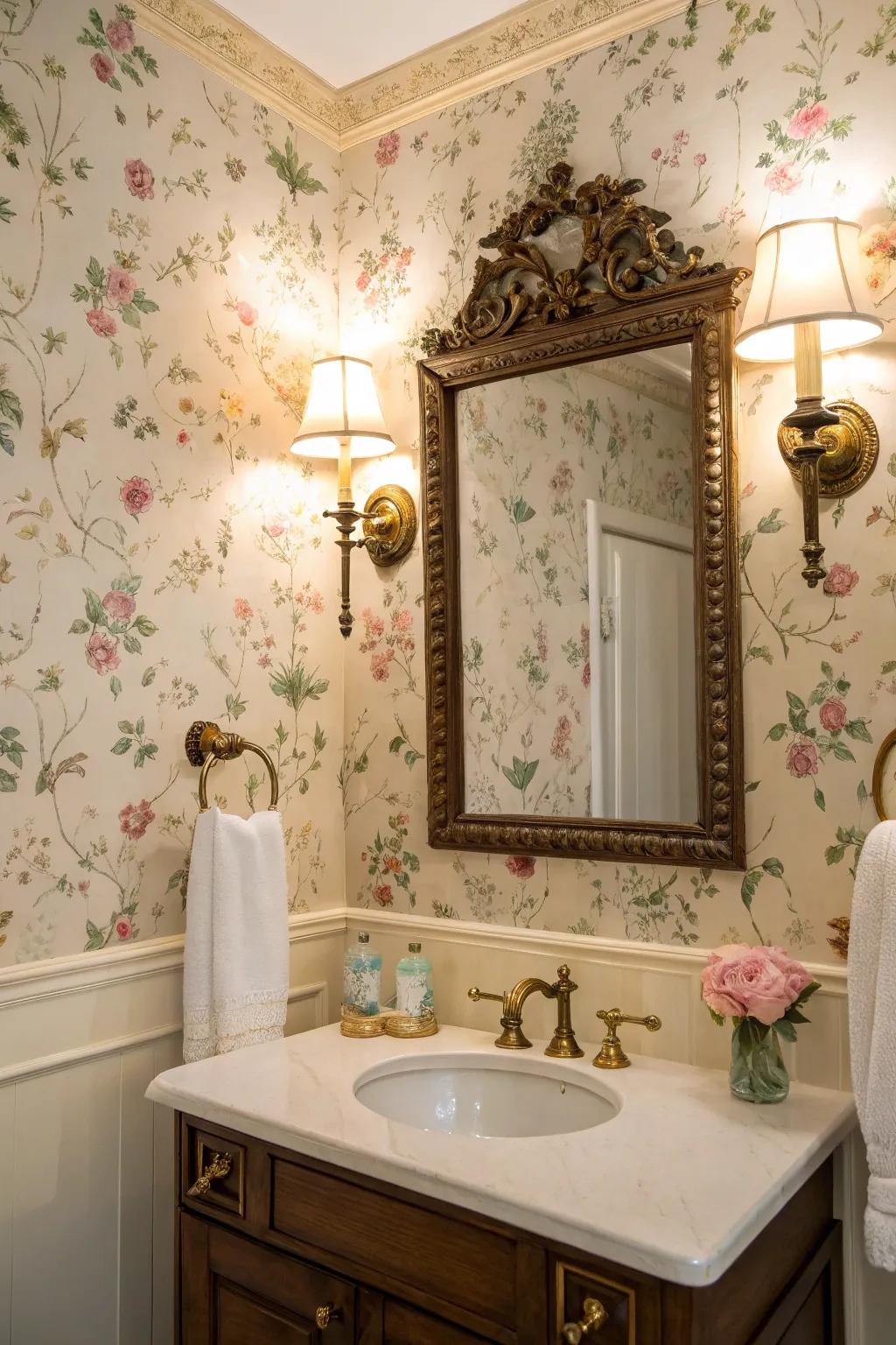 Elegant wallpaper adds a touch of Victorian splendor.