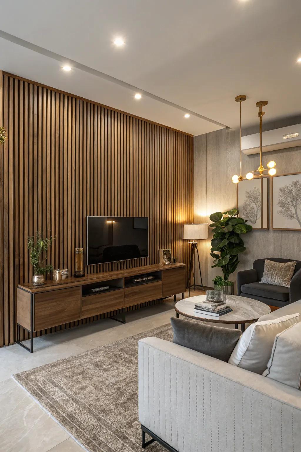 Enhance your living room with a vertical wood slat wall that adds height and elegance.