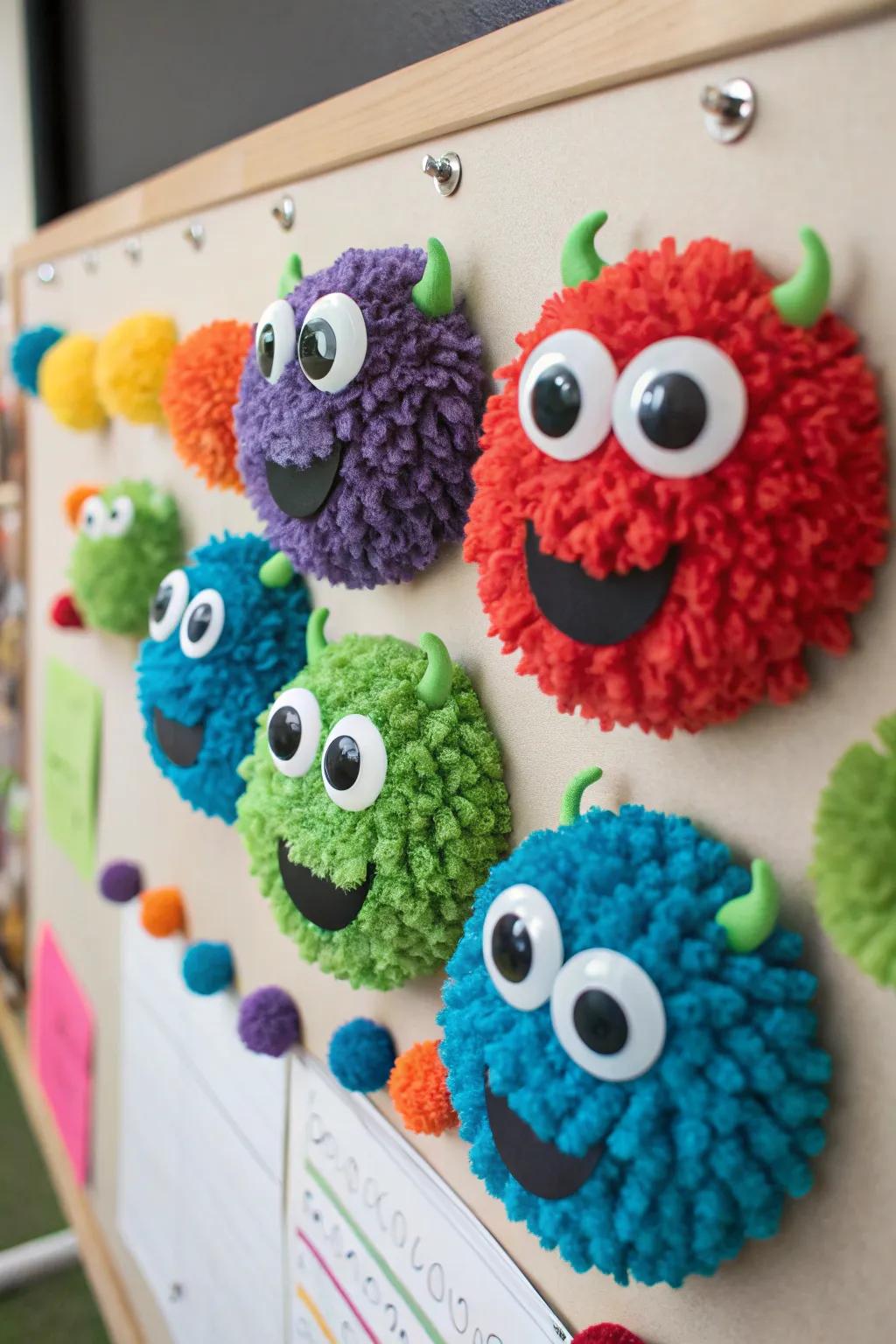 3D monster faces that bring a playful and tactile element to any bulletin board.
