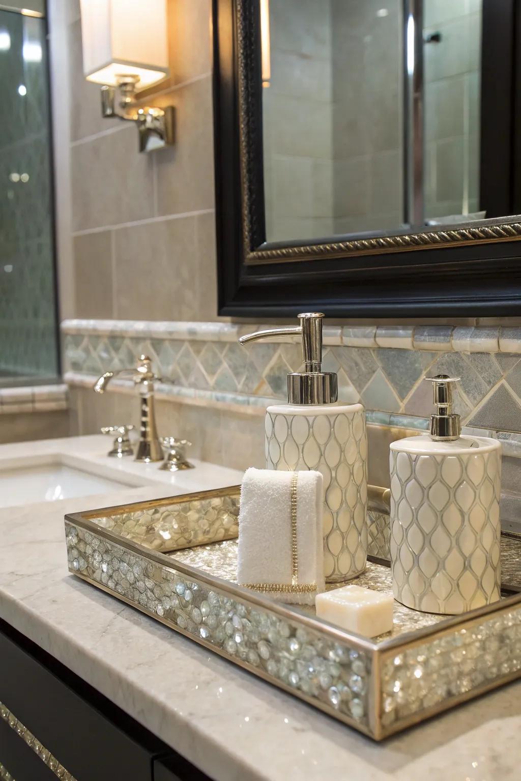 A mother of pearl backsplash adds glamor and functionality to your vanity area.