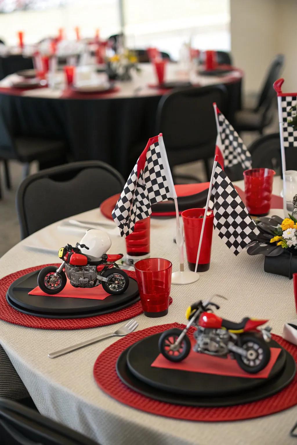 A motorcycle-themed tablescape with bold accents.