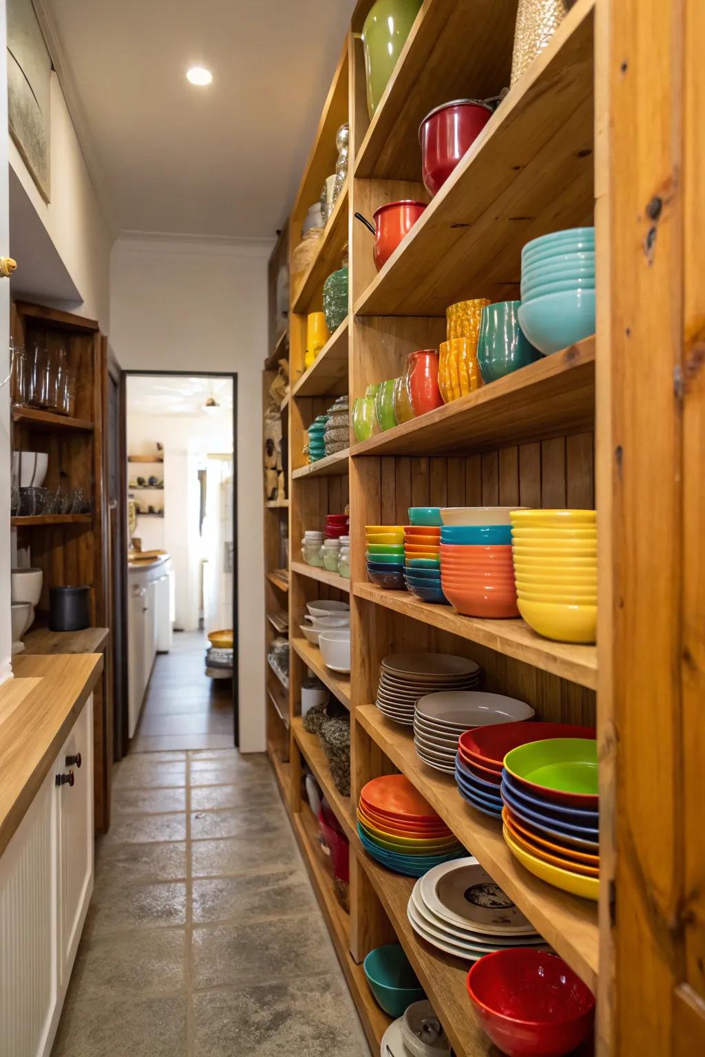 Open shelving adds both function and style to a narrow kitchen.